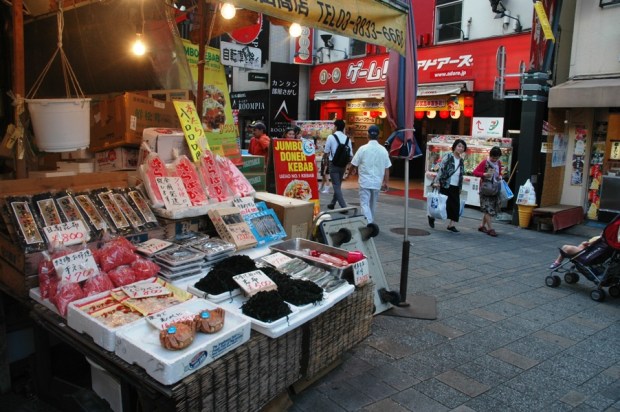 Lots of delicacies for sale, including crab. 