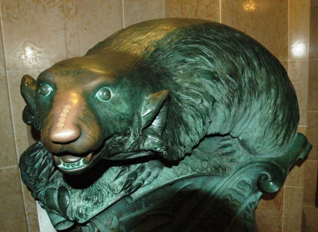 Outside the governor's office, a fierce badger, which once adorned the U.S.S. Wisconsin battleship. 