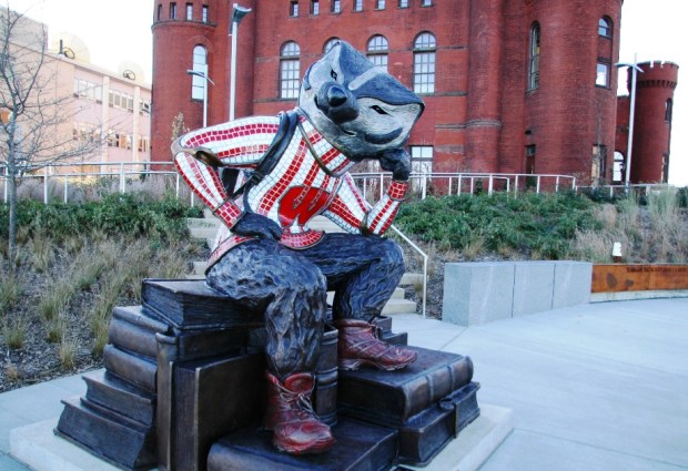 The Bucky Badger statue, "Well Red," is adjacent to the Red Gym. 