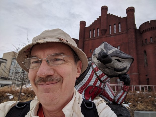 A selfie with the historic Red Gym,