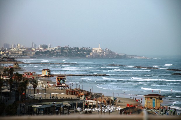 View from the hotel: Tel Aviv beach and the ancient city of Joppa in the distance.