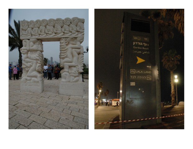 On the left, a statue depicting some of the stories of the Old Testament. On the right, I discovered Gordon Beach is right next to LaLa Land. 