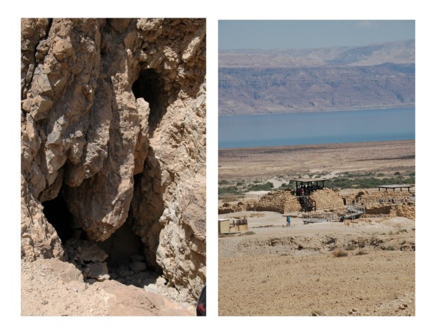 Qumran Cave #1 on the left. The Essene settlement buildings at Qumran on the right