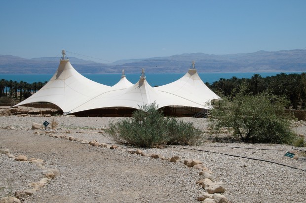 Further north along the Dead Sea, at the oasis of Engedi, the excavated ruins of an ancient synagogue are covered by a tent-like awning.