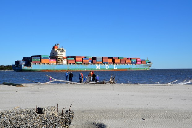 this container ship headed back out to sea.