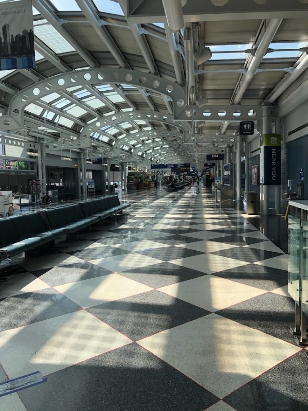 Just before the final flight home, Sara shared a photo of the cavernous, empty halls of O'Hare International airport.