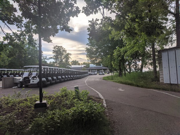 The golf carts are lined up for another day of action on the links. 