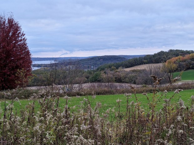 A short jaunt off the trail on the way up opened up a view of Lake Wisconsin, with the Columbia Power Plant, south of Portage, on the horizon.