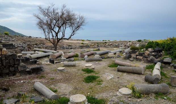 An 8th century earthquake destroyed the city and it was never rebuilt. Columns remain where they fell.