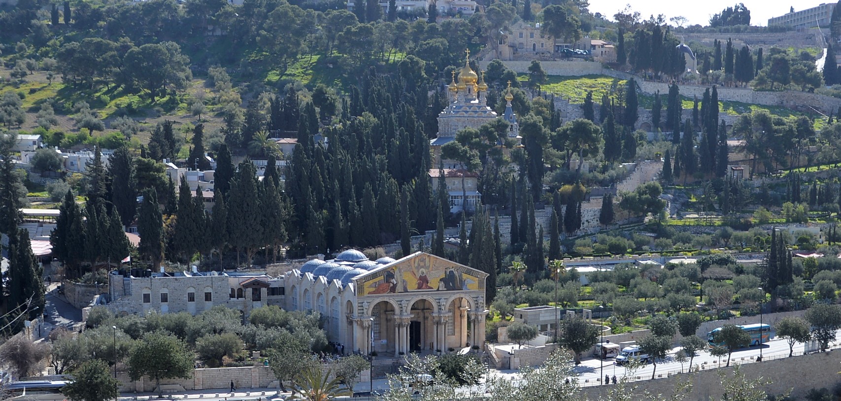 But first a look back at the Mount of Olives: The Church of All Nations located at the traditional site of the Garden of Gethsemane, the onion dome spires of the Russian Orthodox Church of Mary Magdalene, and in the far corner, Dominus Flevit.