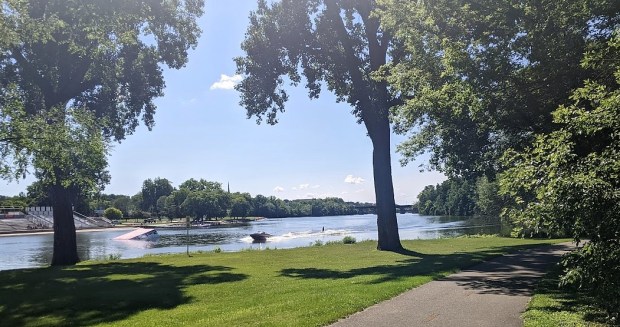 The Ice Age Trail joins the Kiwanis Trail north of downtown and passes Traxler Park where the Rock Aqua Jays water ski teams performs and practices.