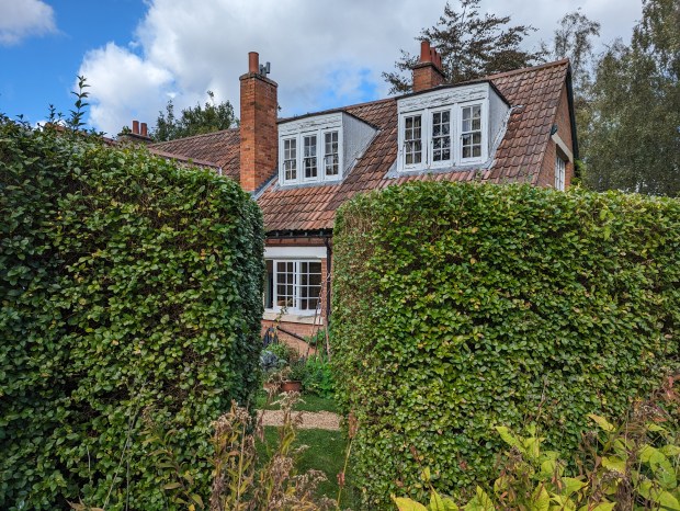 Through a hedge, the home appears.