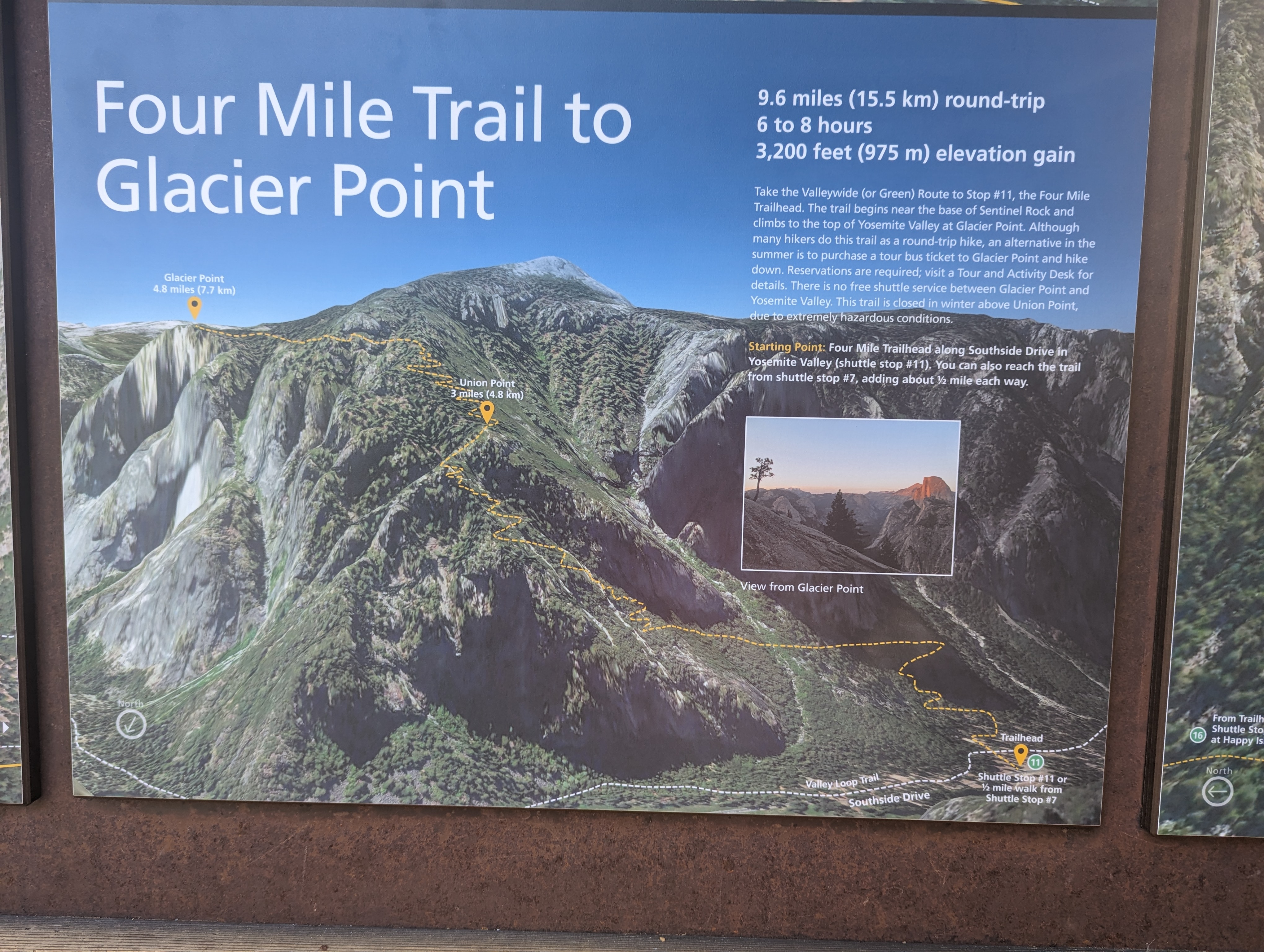 In addition to the ranger walks, I was eager to hike some of the scenic trails of Yosemite. The Four Mile Trail (actually 4.6 miles) was the first to get my attention.