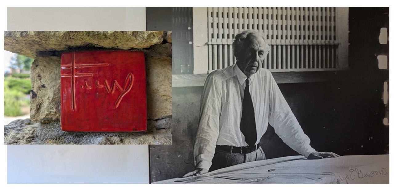 His trademark, and a photo, at the drafting table.